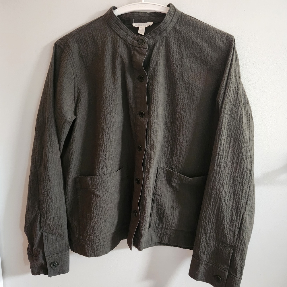 Eileen Fisher Organic Cotton Pucker Mandarin Collar Jacket in Seaweed XS/P - Picture 4 of 11